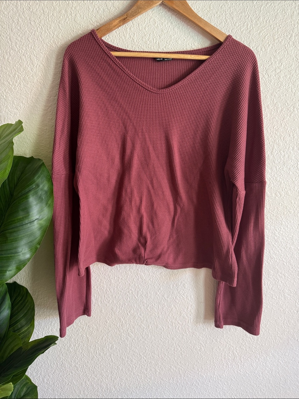 SHEIN Waffle-Knit V-Neck Long Sleeve Top in Rosewood